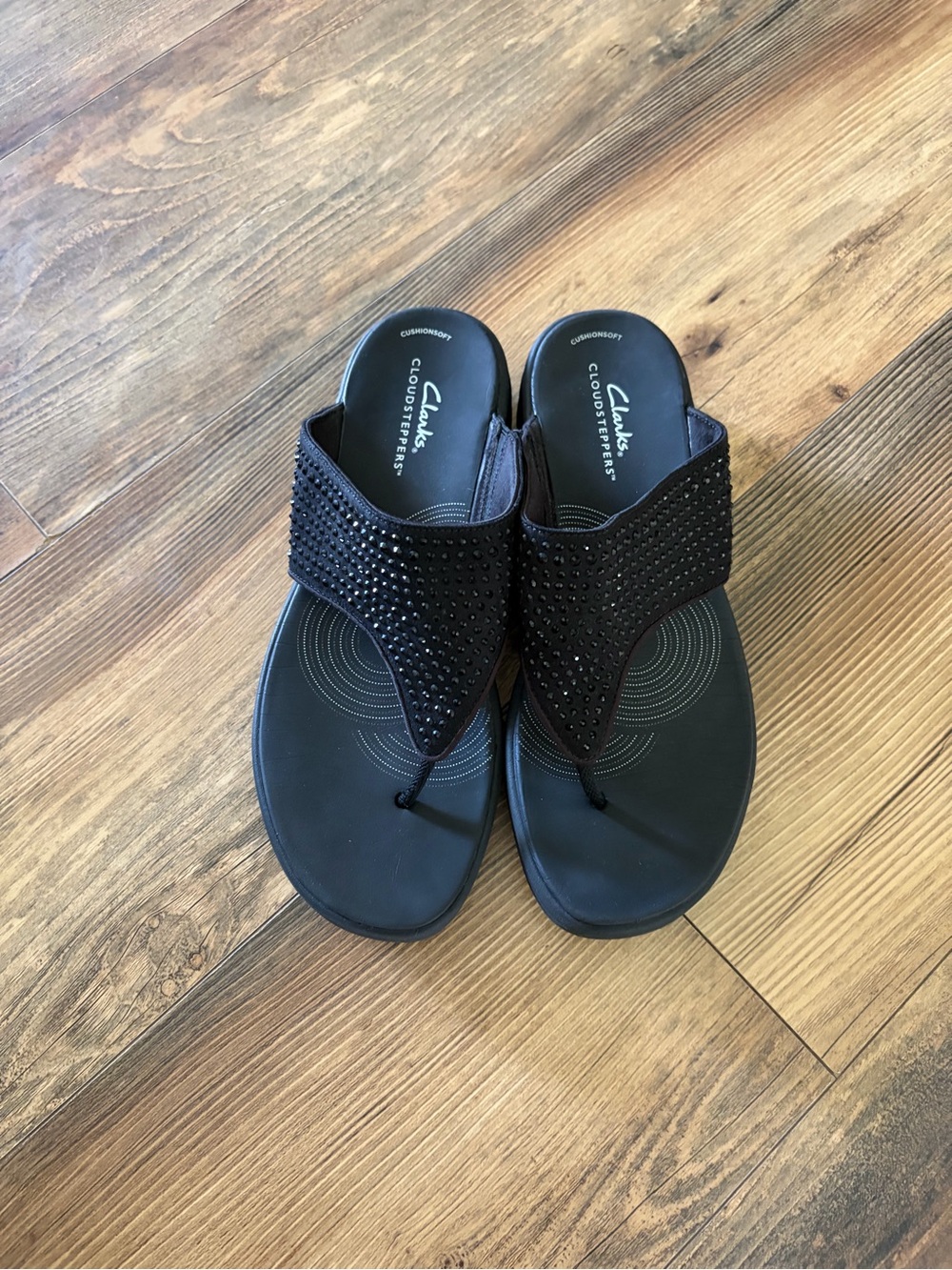 Cloudsteppers by Clarks Black Rhinestone Thong Sandals